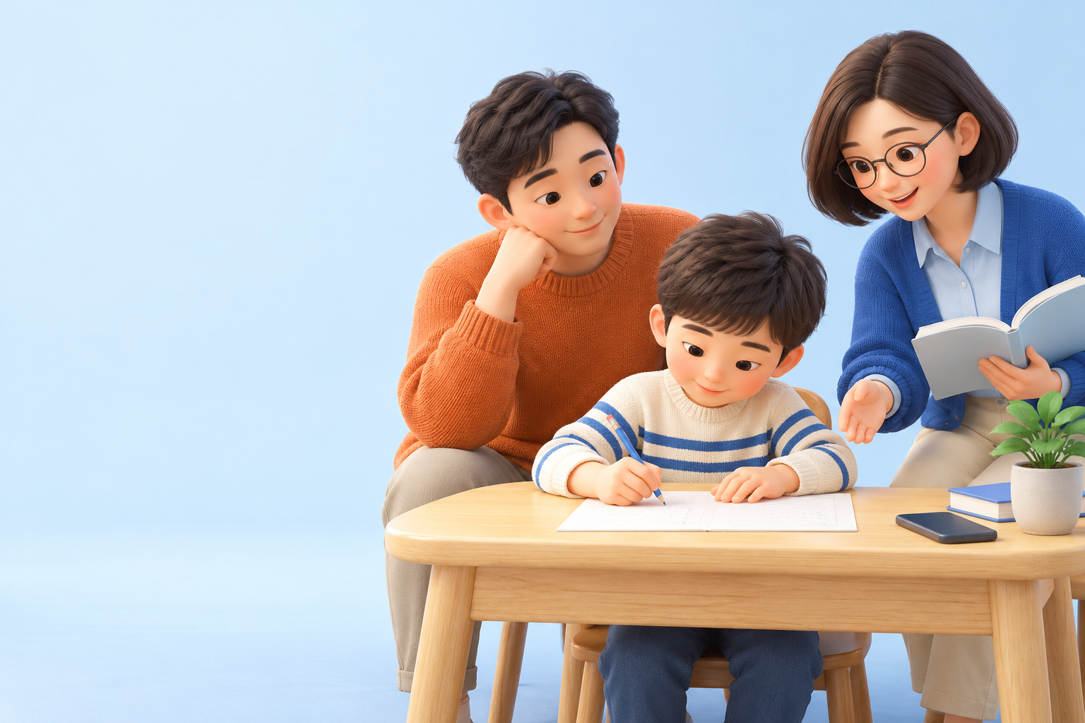 3D卡通老师和家长在旁陪伴,孩子放下手机、拿起笔专心写题